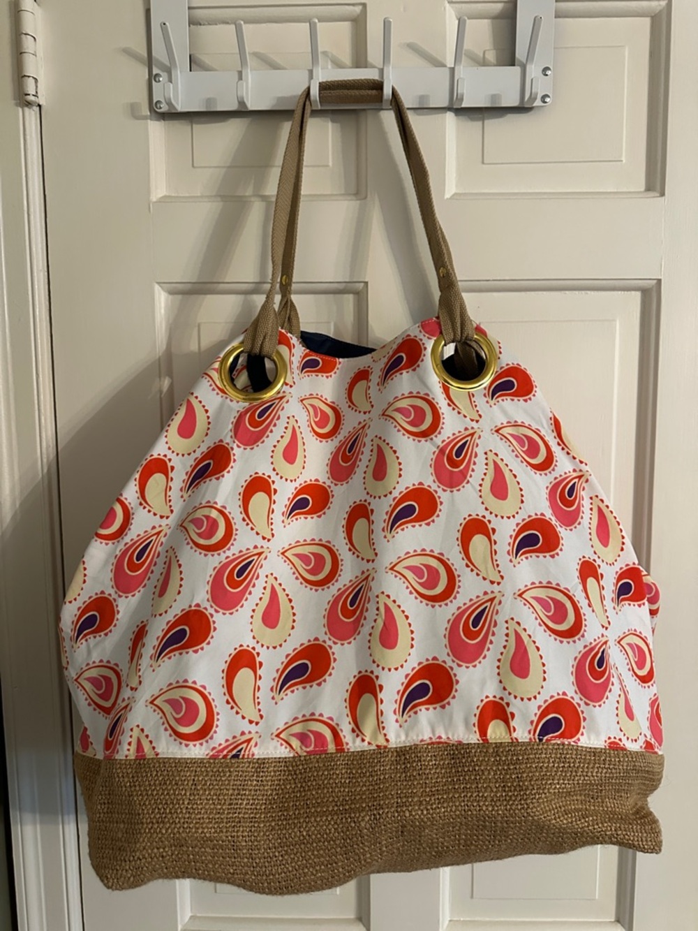 Peter Millar White Tote with Pink and Orange Paisley